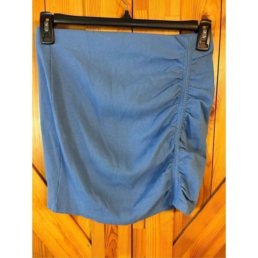 Zara Women’s High Waisted Ruched Rib Mini Blue Stretchy Skirt Size Large nwt (09